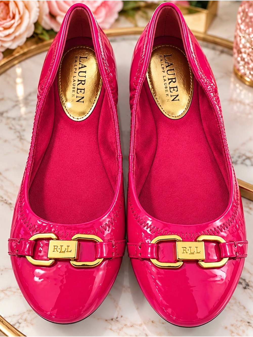 Lauren Ralph Lauren Hot Pink Crinkle Patent Ballet Flats Gold Hardware Sz9B Rare